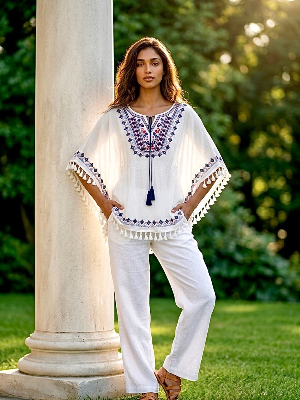 Poncho light and breezy. Embroidered white, navy, red. Boho chic. Fits up to L - Picture 2 of 8